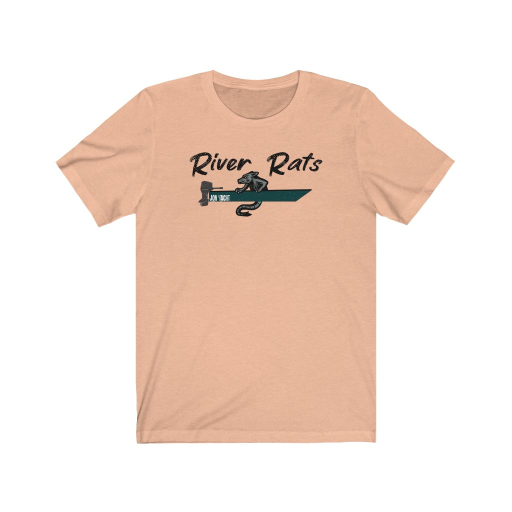 Peach "River Rats" t-shirt with a dark green boat and rat design.