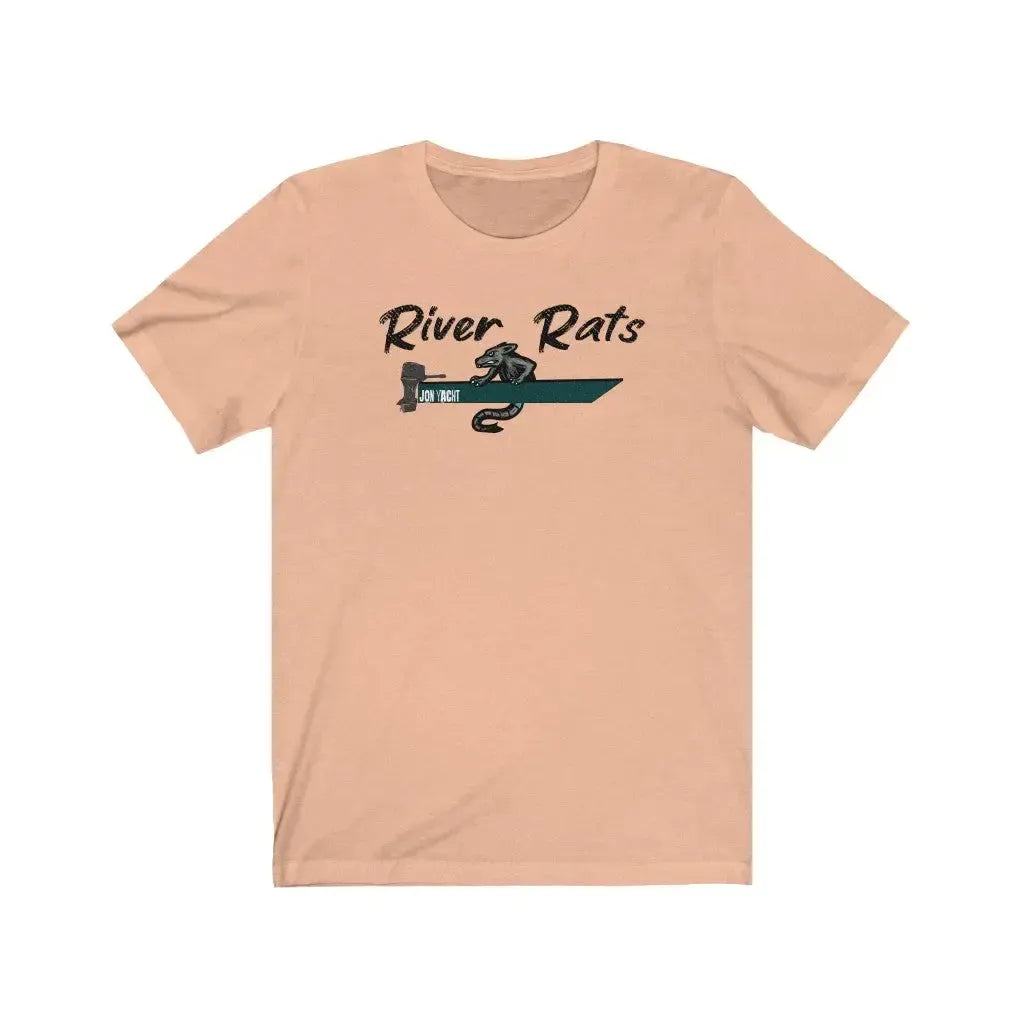 Peach "River Rats" t-shirt with a dark green boat and rat design.