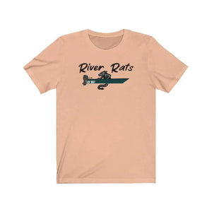Peach "River Rats" t-shirt with a dark green boat and rat design.