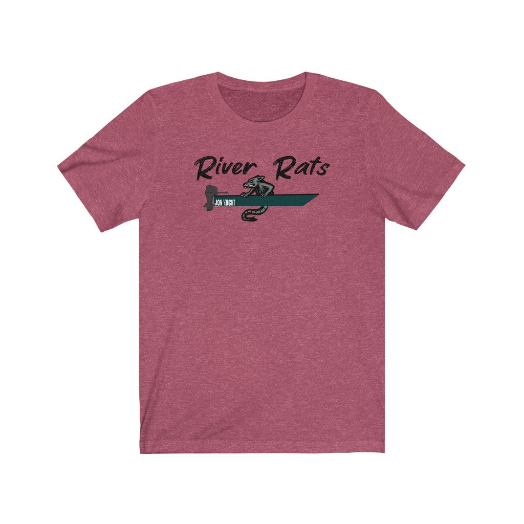 Heather raspberry short sleeve t-shirt with "River Rats" text and a rat on a green boat design.
