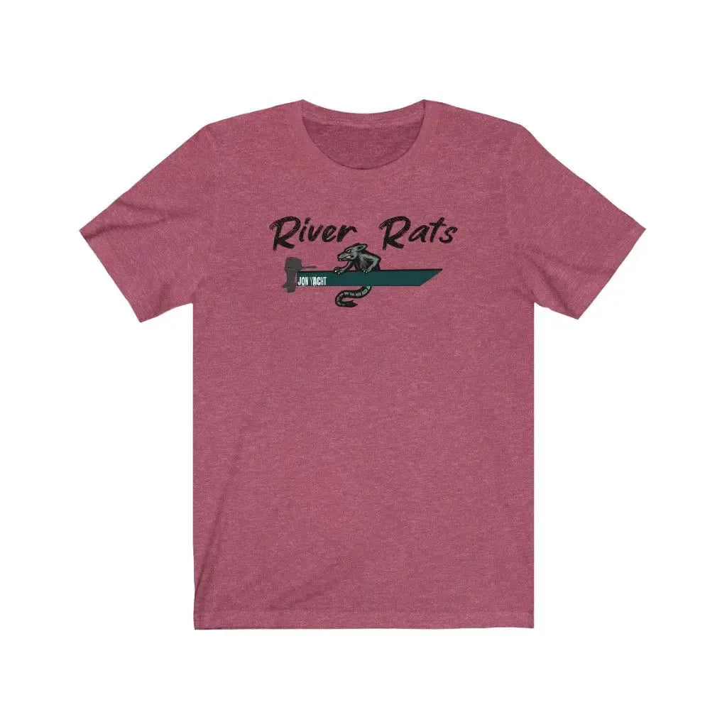 Heather raspberry short sleeve t-shirt with "River Rats" text and a rat on a green boat design.