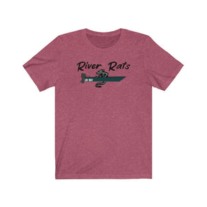 Heather raspberry short sleeve t-shirt with "River Rats" text and a rat on a green boat design.