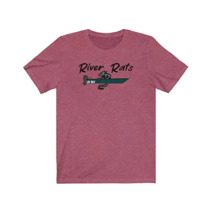Heather raspberry short sleeve t-shirt with "River Rats" text and a rat on a green boat design.