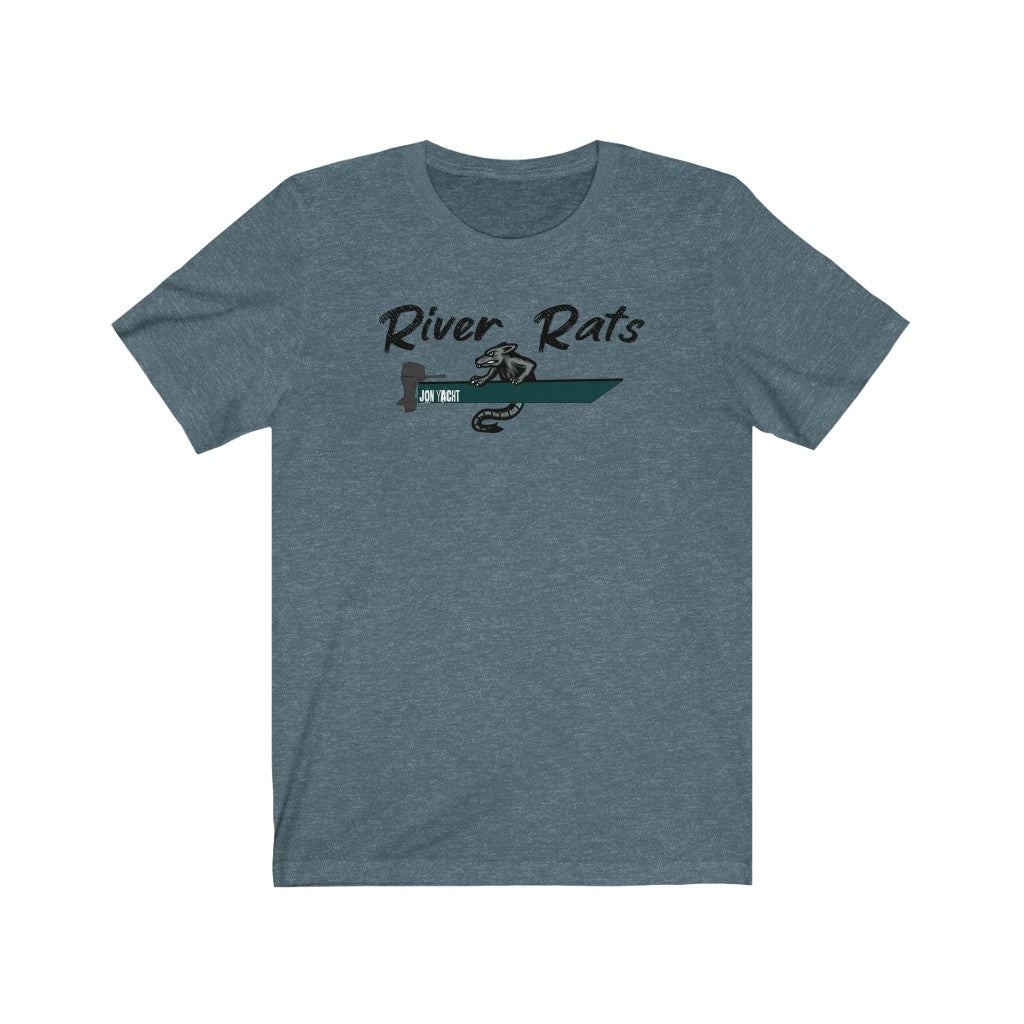 Heather blue "River Rats" t-shirt with a green boat and rat logo.