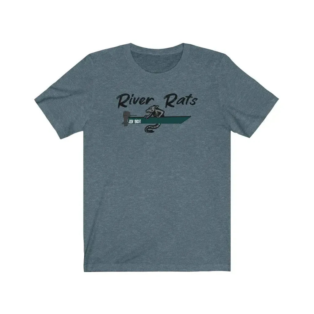 Heather blue "River Rats" t-shirt with a green boat and rat logo.