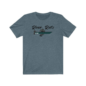 Heather blue "River Rats" t-shirt with a green boat and rat logo.