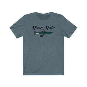 Heather blue "River Rats" t-shirt with a green boat and rat logo.