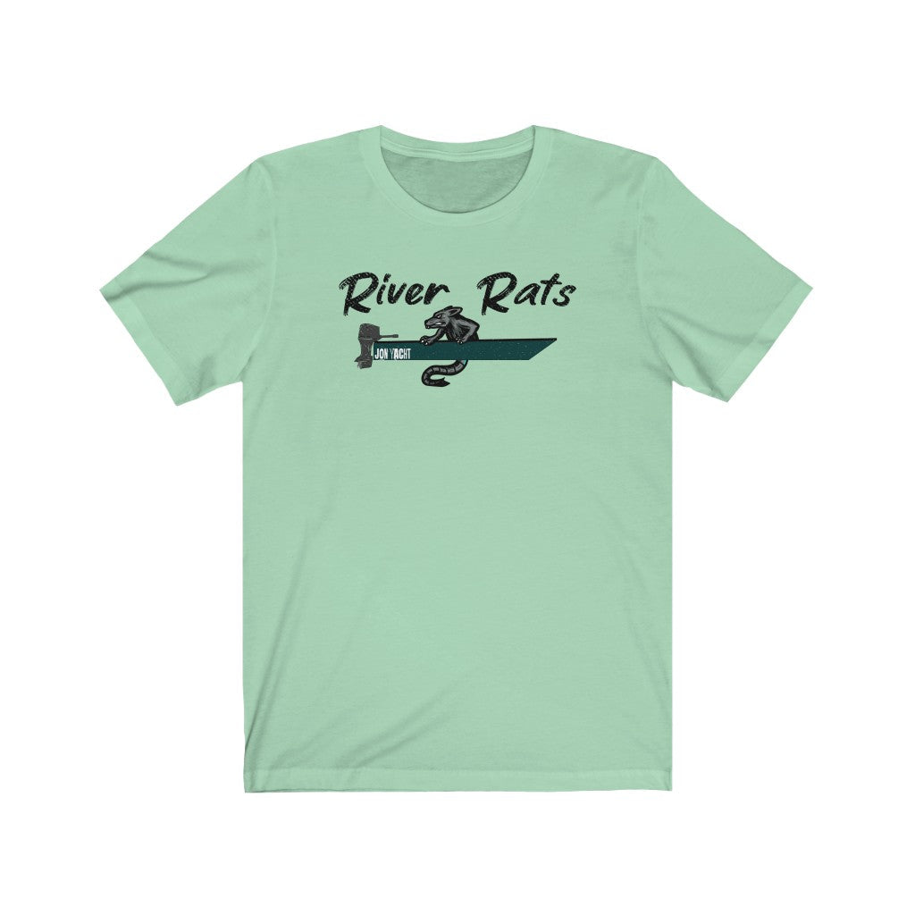 Light green "River Rats" t-shirt with a rat in a boat design.
