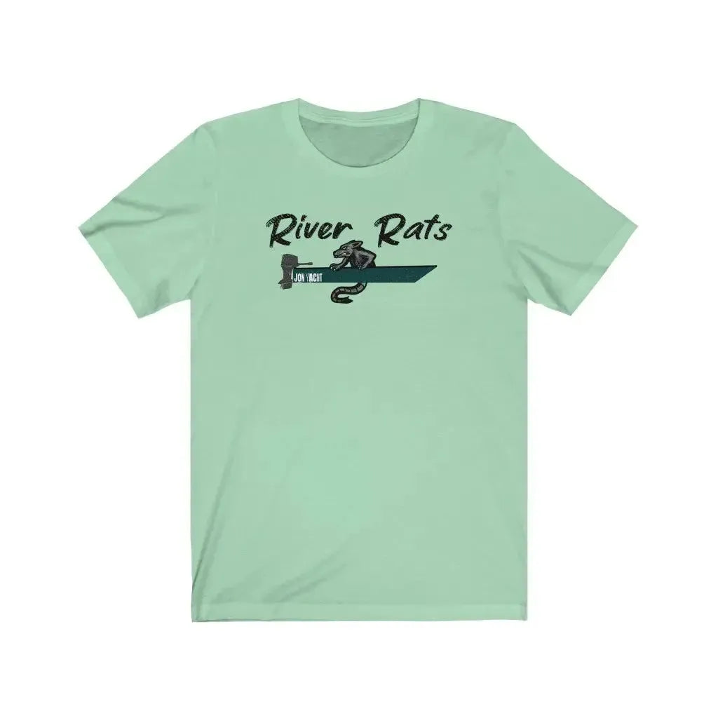 Light green "River Rats" t-shirt with a rat in a boat design.