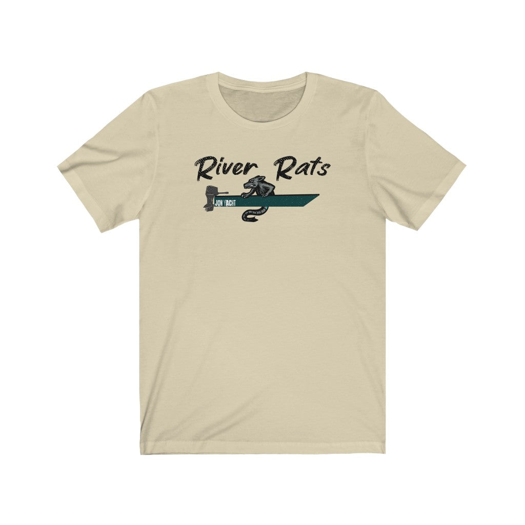 Light beige "River Rats" t-shirt with a black and teal jon boat graphic.