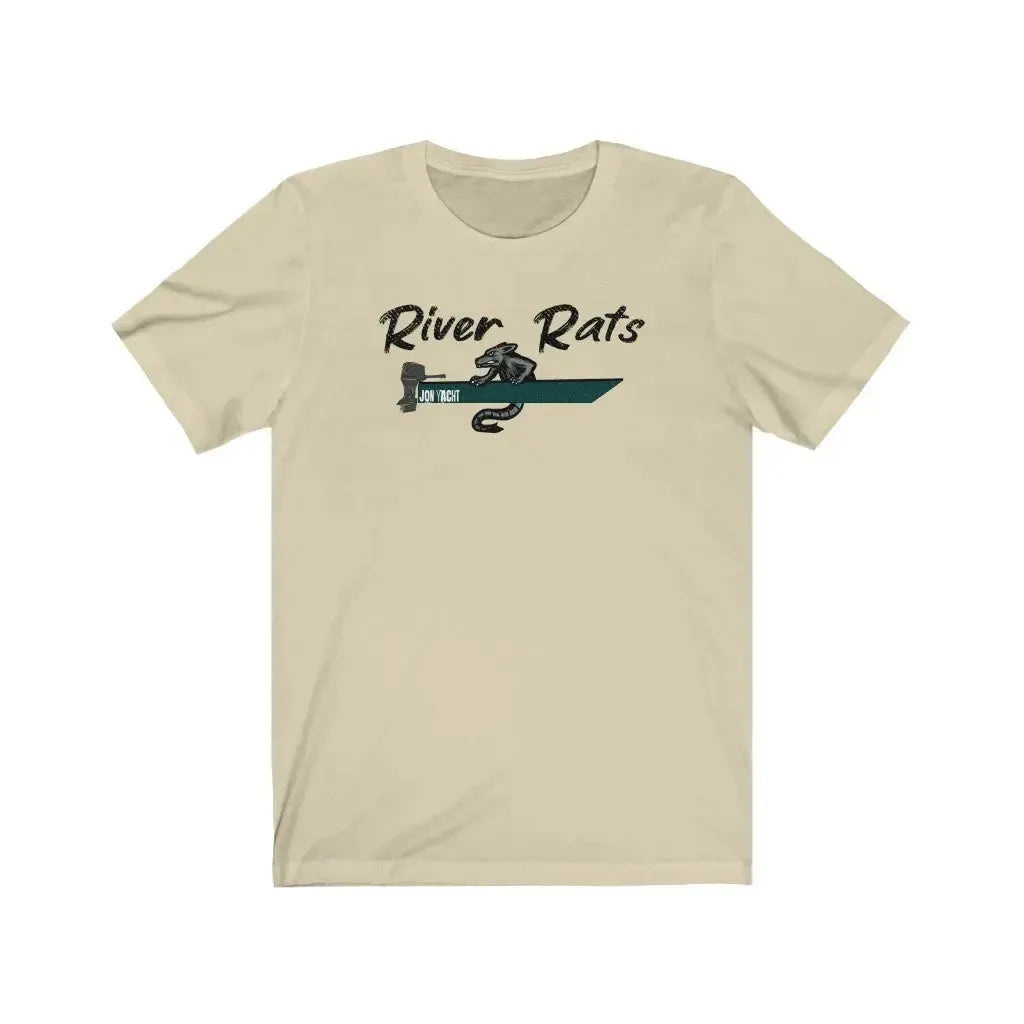 Light beige "River Rats" t-shirt with a black and teal jon boat graphic.