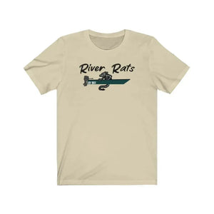 Light beige "River Rats" t-shirt with a black and teal jon boat graphic.