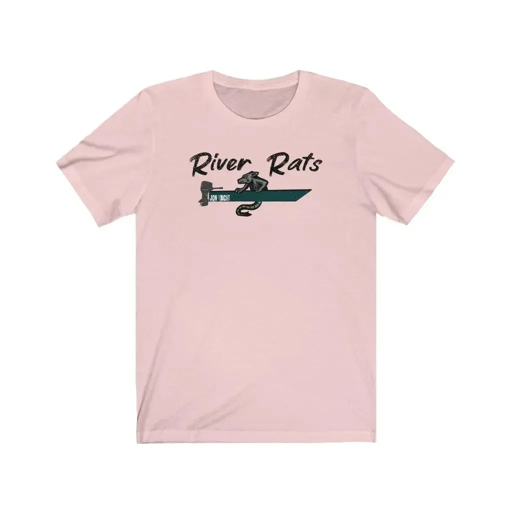 Light pink cotton t-shirt with "River Rats" text and a rat in a jon boat design.