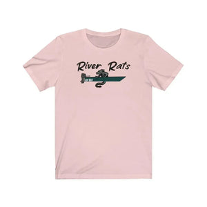 Light pink cotton t-shirt with "River Rats" text and a rat in a jon boat design.
