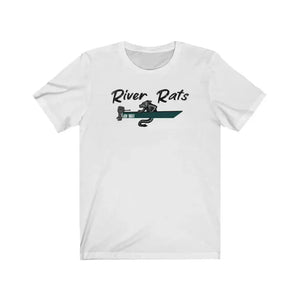 White cotton "River Rats" tee with a rat in a green boat design.