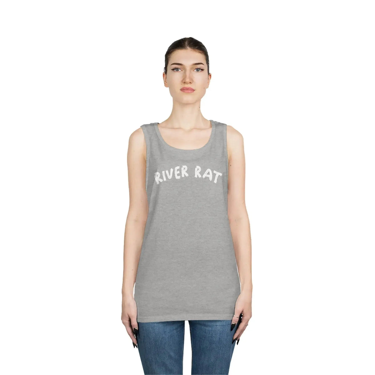 Gray cotton "River Rat" tank top on a woman wearing jeans.