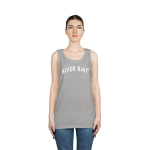 Gray cotton "River Rat" tank top on a woman wearing jeans.