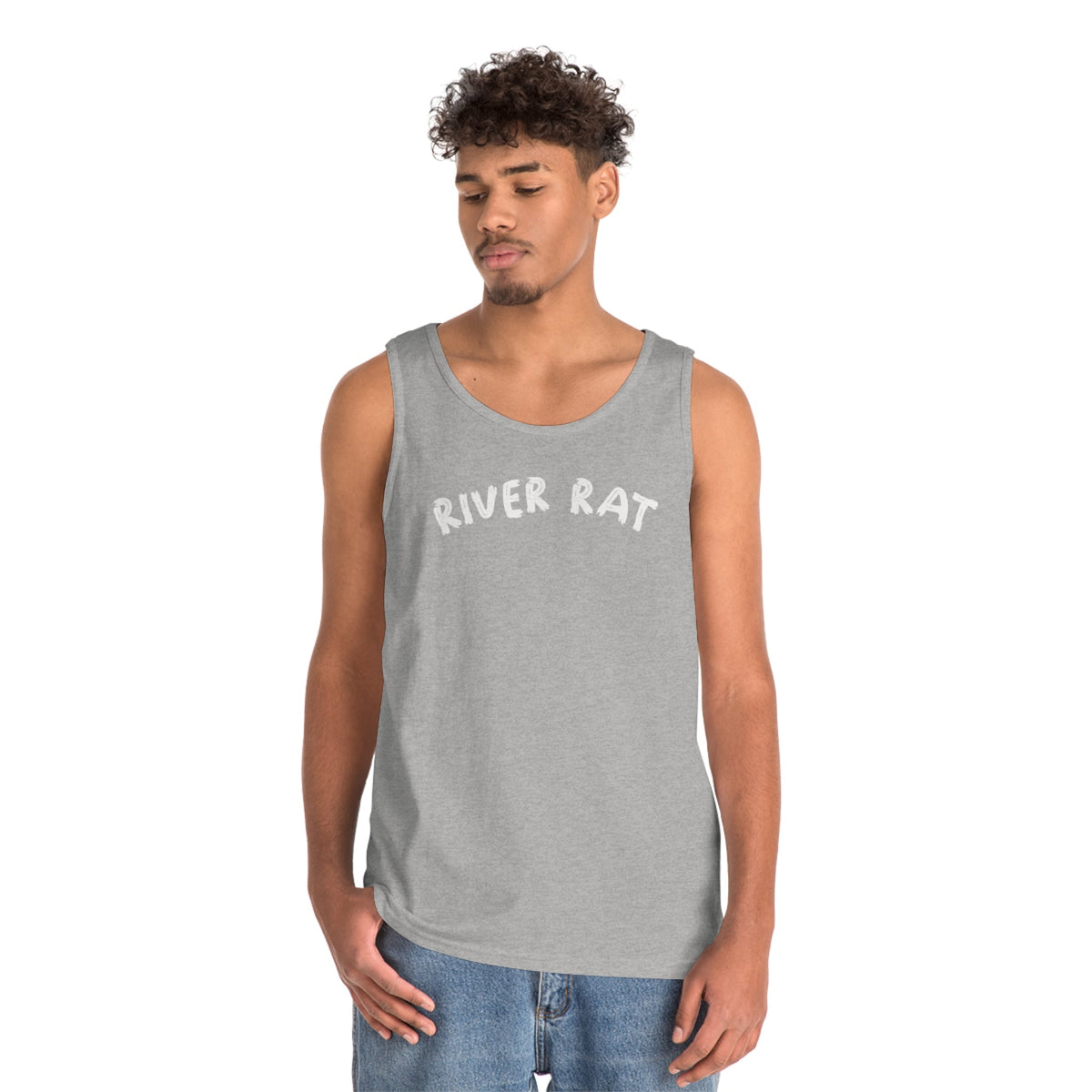 Young man wearing a gray cotton "River Rat" tank top with white text and blue jeans.