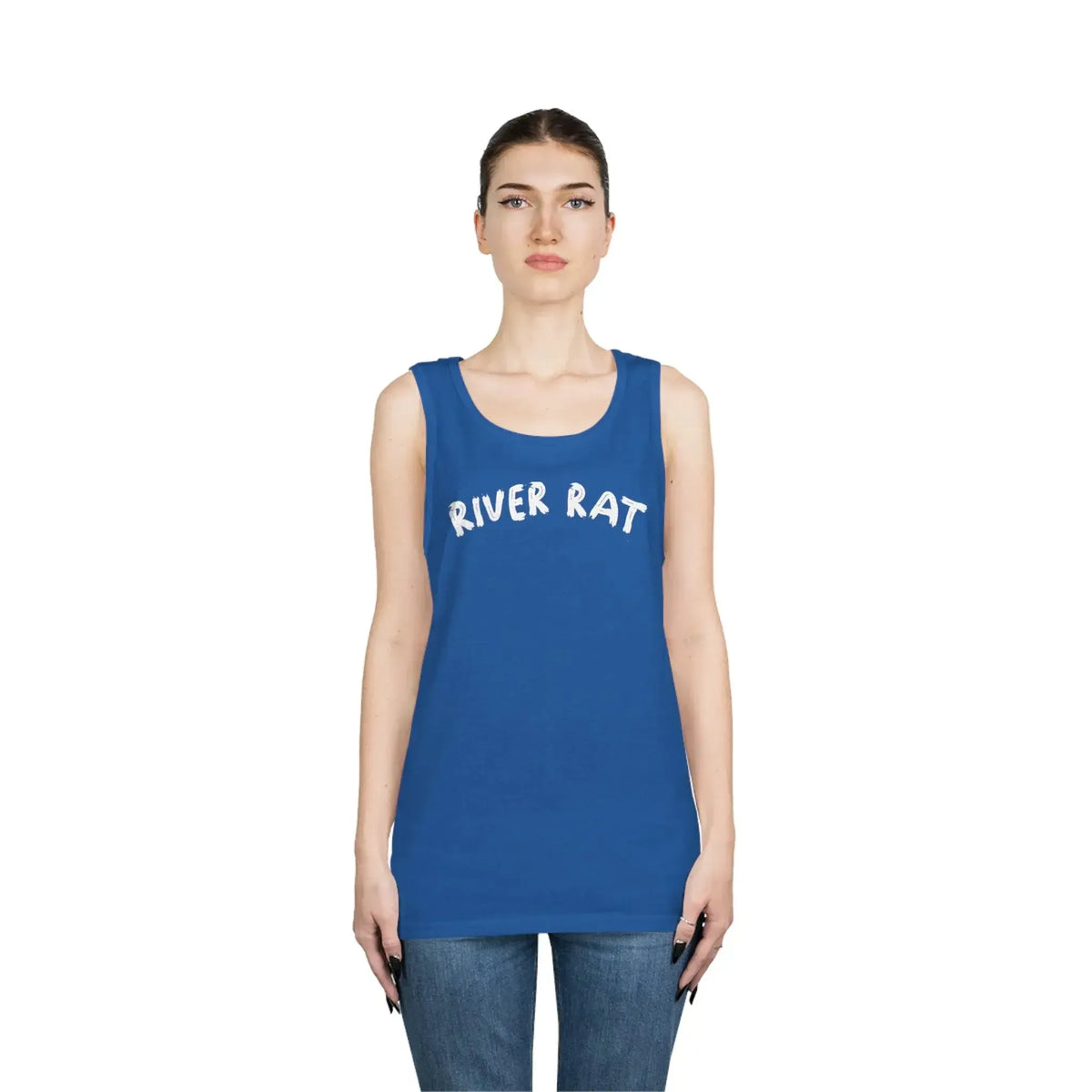 Woman wearing a blue cotton "River Rat" tank top with white text and classic fit.