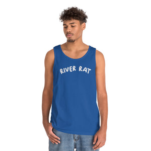 Man wearing a blue cotton "River Rat" tank top with white text and classic fit.