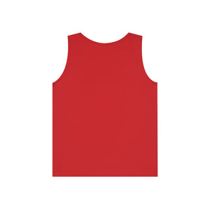 Red 100% cotton classic fit tank top, back view.