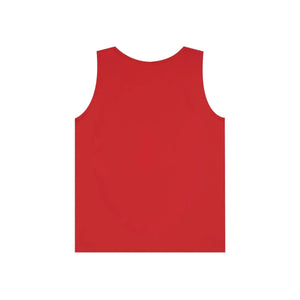 Red 100% cotton classic fit tank top, back view.