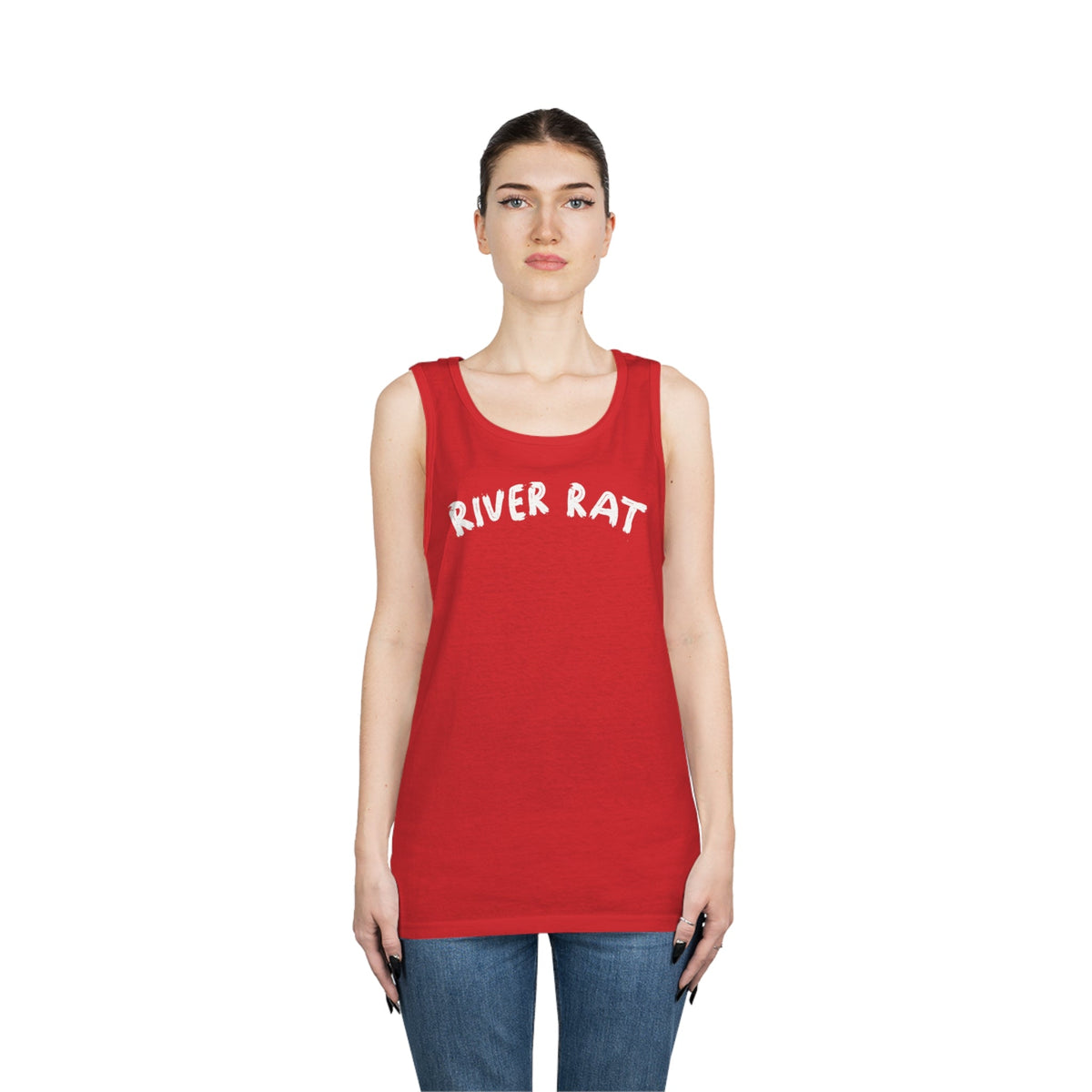 Woman wearing a red cotton "River Rat" tank top with white text and classic fit.