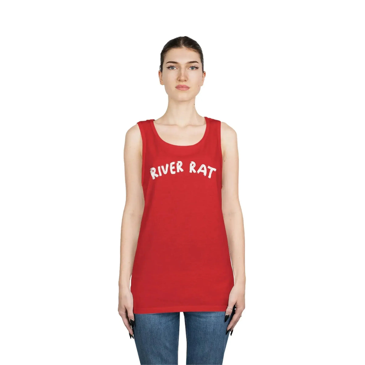 Woman wearing a red cotton "River Rat" tank top with white text and classic fit.