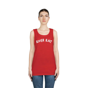 Woman wearing a red cotton "River Rat" tank top with white text and classic fit.