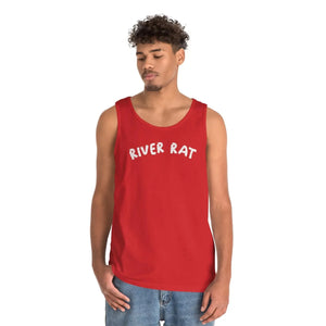 Red 100% cotton "River Rat" tank top on a male model, classic fit.
