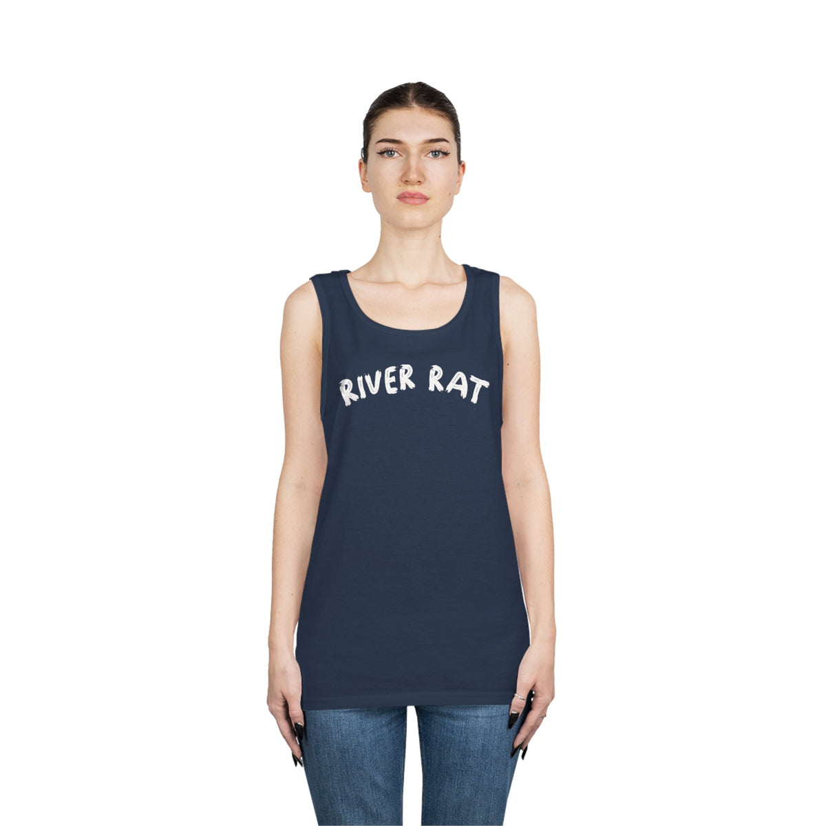 Woman wearing a navy blue cotton "River Rat" tank top with white text and classic fit.