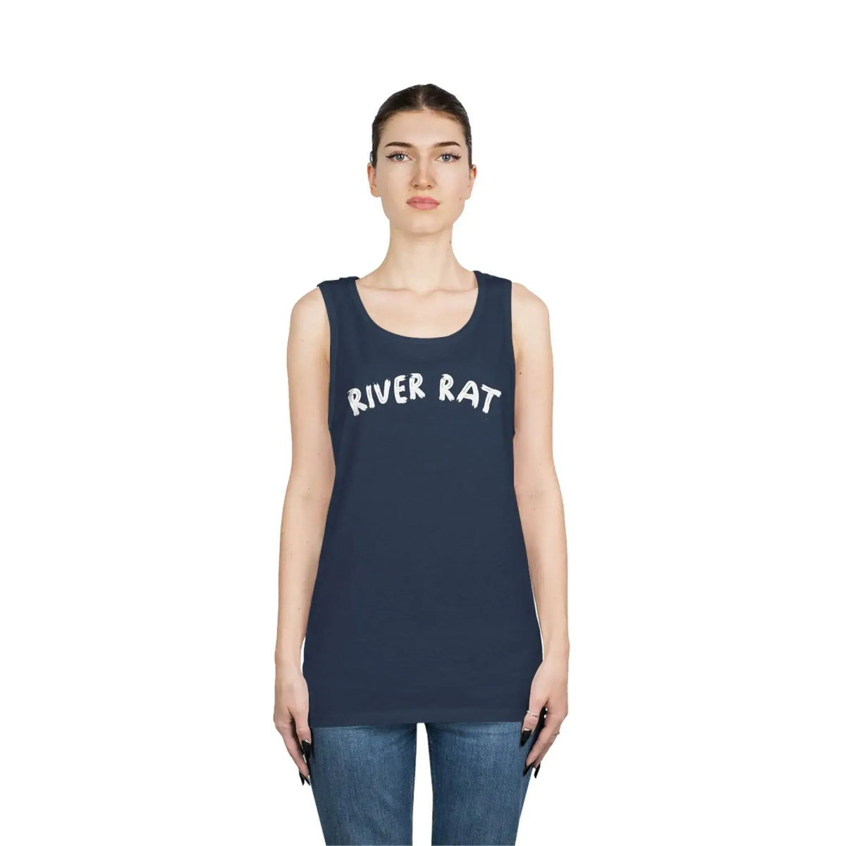 Woman wearing a navy blue cotton "River Rat" tank top with white text and classic fit.