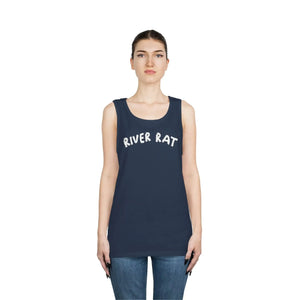 Woman wearing a navy blue cotton "River Rat" tank top with white text and classic fit.