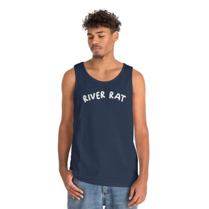 Navy blue 100% cotton "River Rat" classic fit tank top on a male model.
