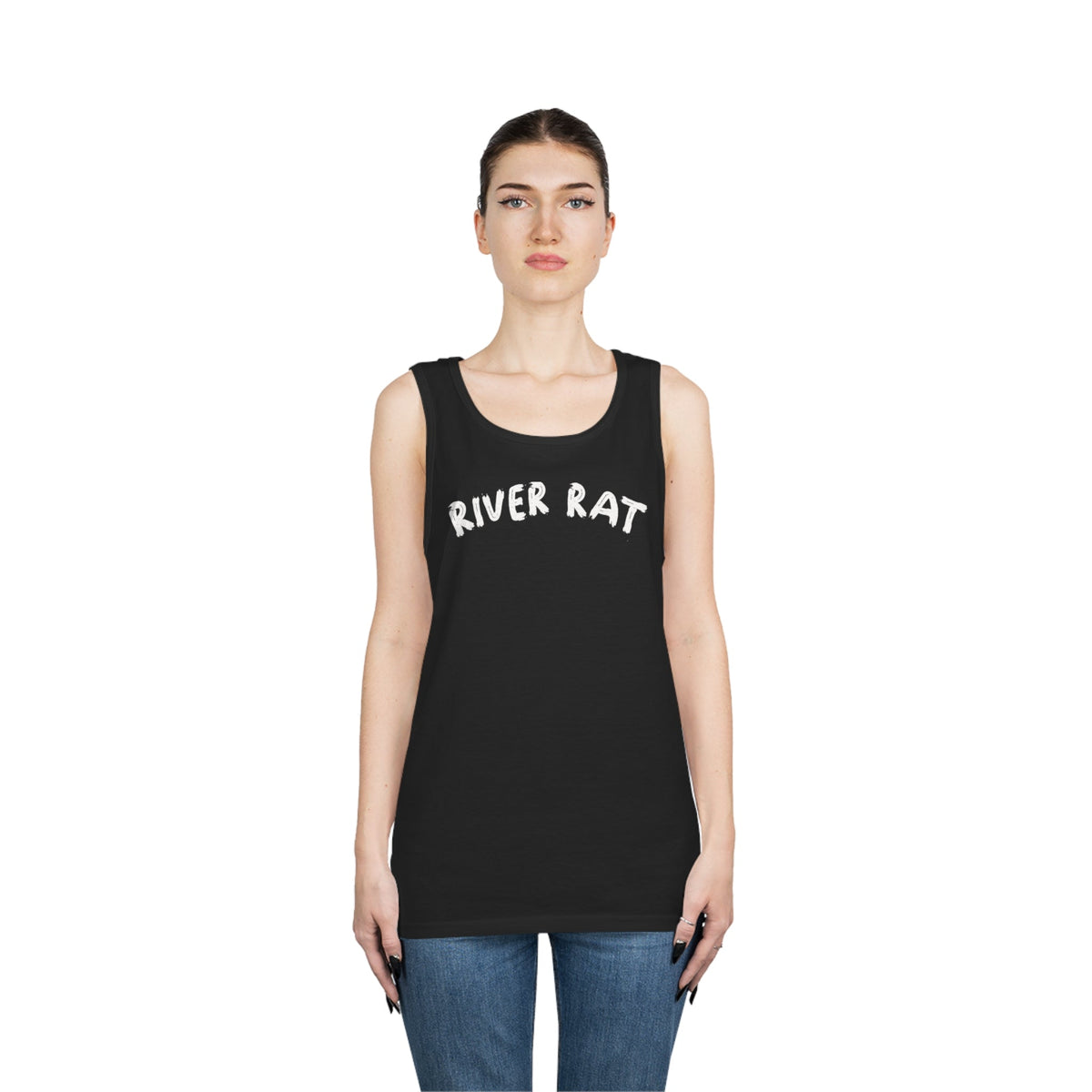 Black cotton "River Rat" tank top on a woman, classic fit.