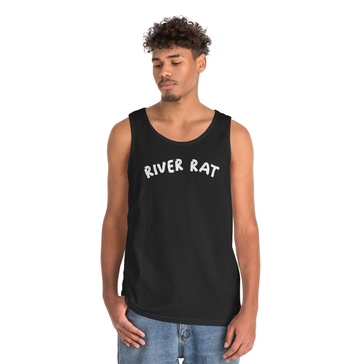 Black cotton "River Rat" tank top on a male model.
