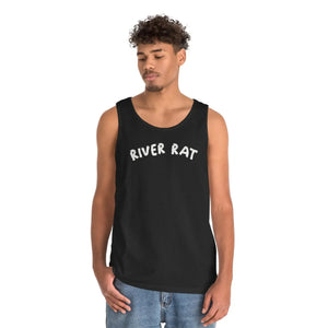 Black cotton "River Rat" tank top on a male model.