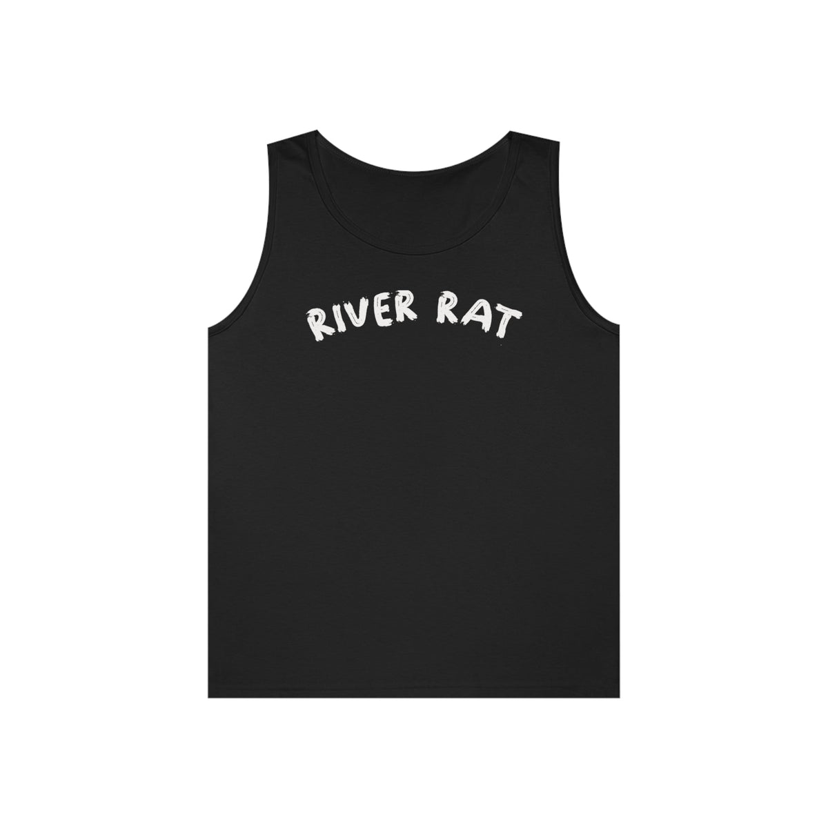 Black 100% cotton "River Rat" tank top with white text, classic fit.