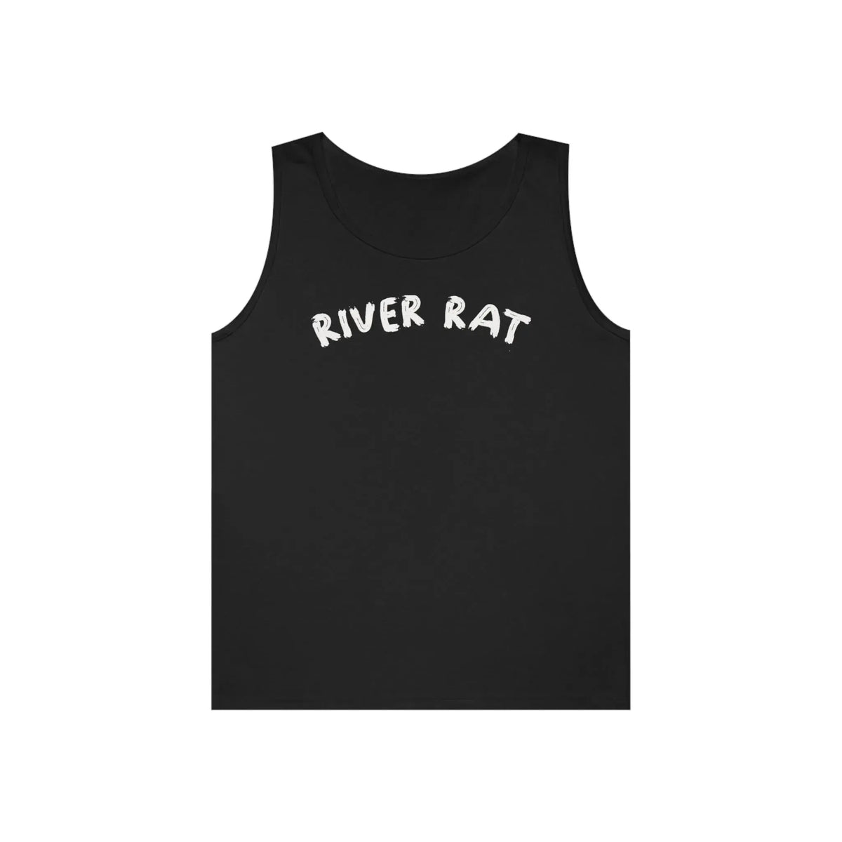Black 100% cotton "River Rat" tank top with white text, classic fit.