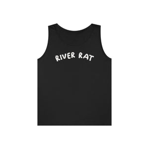 Black 100% cotton "River Rat" tank top with white text, classic fit.
