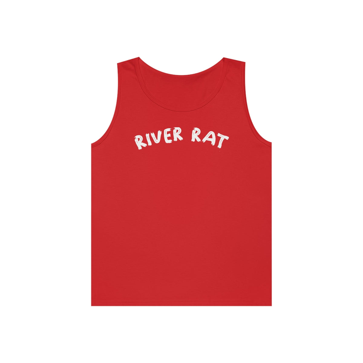 Red cotton "River Rat" classic fit tank top with white text.