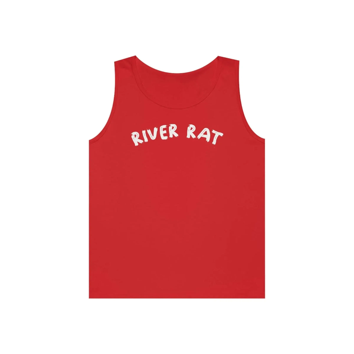 Red cotton "River Rat" classic fit tank top with white text.