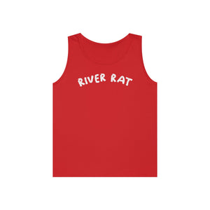Red cotton "River Rat" classic fit tank top with white text.