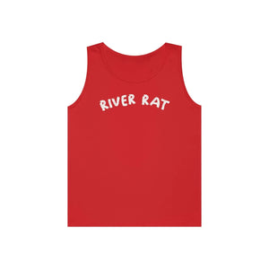Red cotton "River Rat" classic fit tank top with white text.