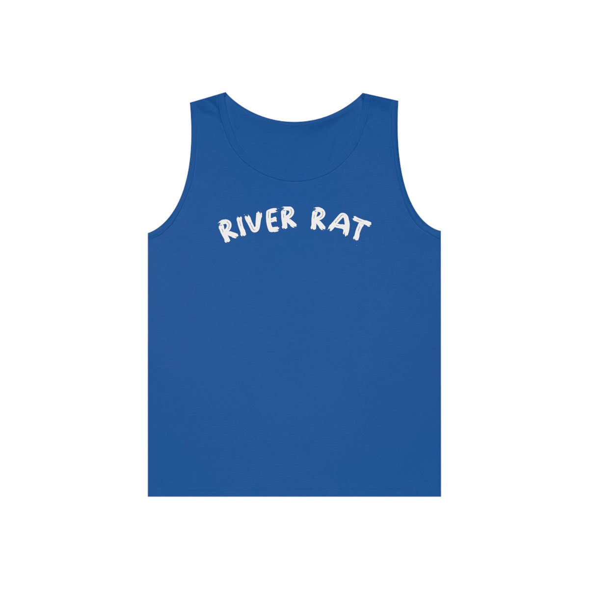 Blue 100% cotton "River Rat" tank top with white text, classic fit.