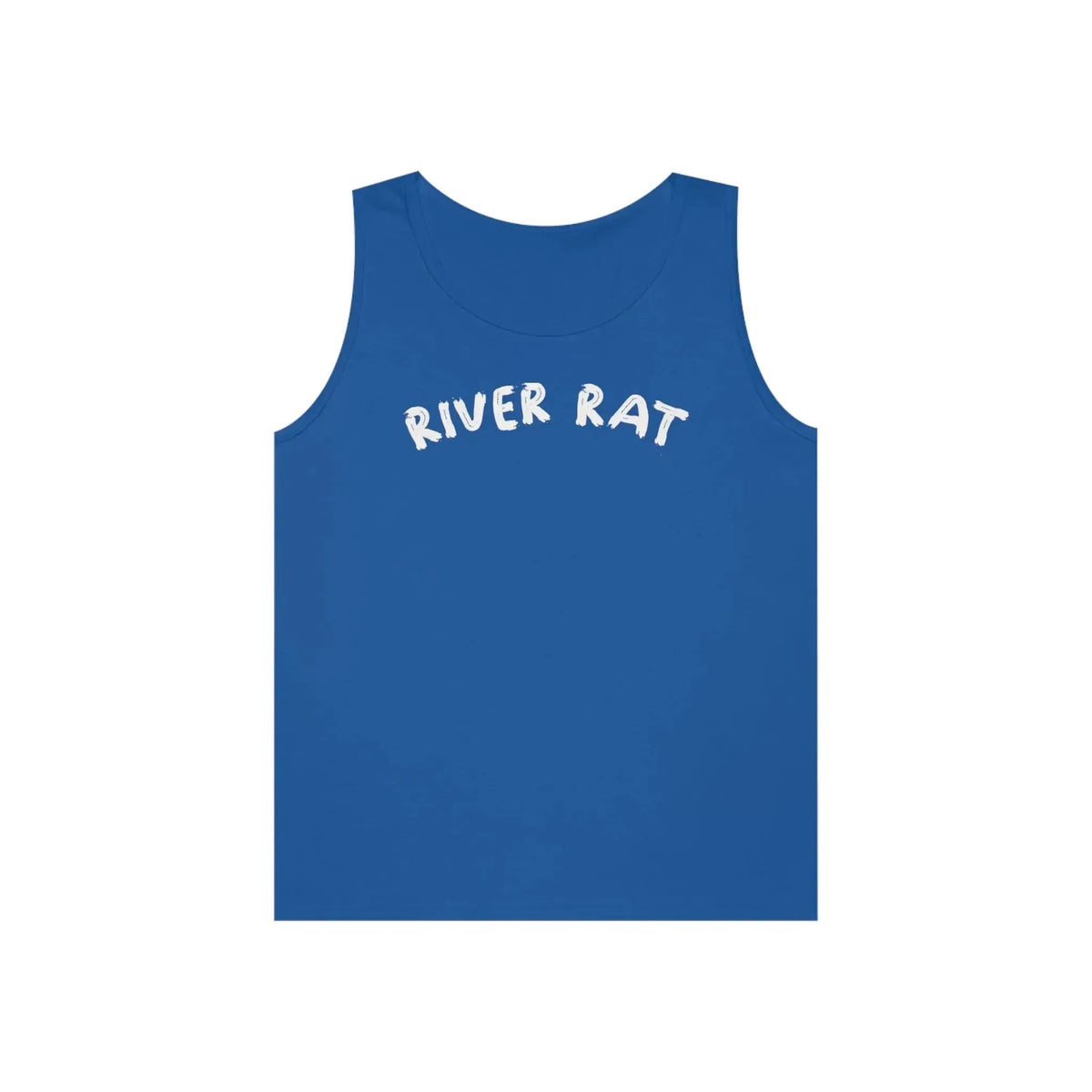 Blue 100% cotton "River Rat" tank top with white text, classic fit.