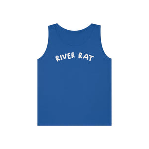 Blue 100% cotton "River Rat" tank top with white text, classic fit.