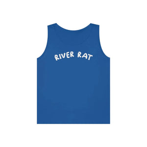 Blue 100% cotton "River Rat" tank top with white text, classic fit.