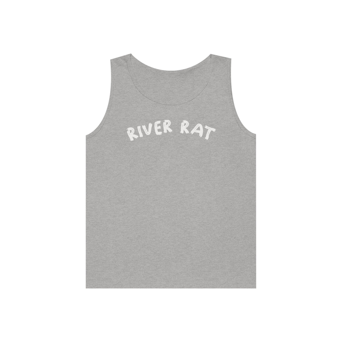 Gray cotton "River Rat" classic fit tank top with white text.
