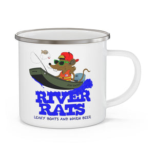 White 12oz enamel mug with a cartoon rat in a boat fishing, "River Rats" in blue text.